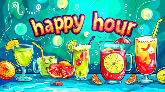 Colorful happy hour promotion banner