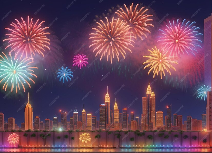 Premium AI Image Colorful Happy New Year 2024 fireworks