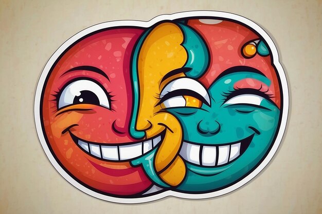 Photo colorful happy smiling face label shape set collection of trendy retro sticker cartoon