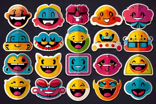 Photo colorful happy smiling face label shape set collection of trendy retro sticker cartoon