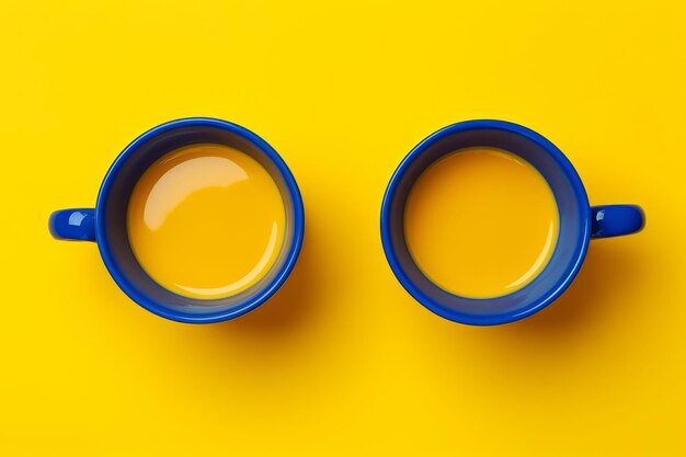 Colorful harmony dark blue ceramic espresso cups on a lively yellow background