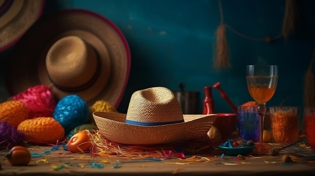 Photo a colorful hat sits on a table with a colorful hat and a colorful craft