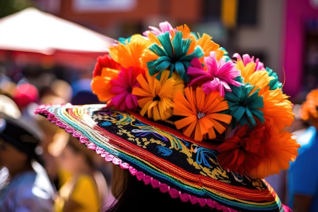 A colorful hat with a colorful flower on it