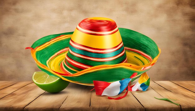 Photo a colorful hat with a colorful ribbon on it sits on a wooden table