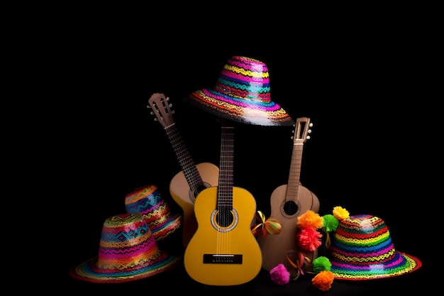 Colorful hats and a guitar are on a black background