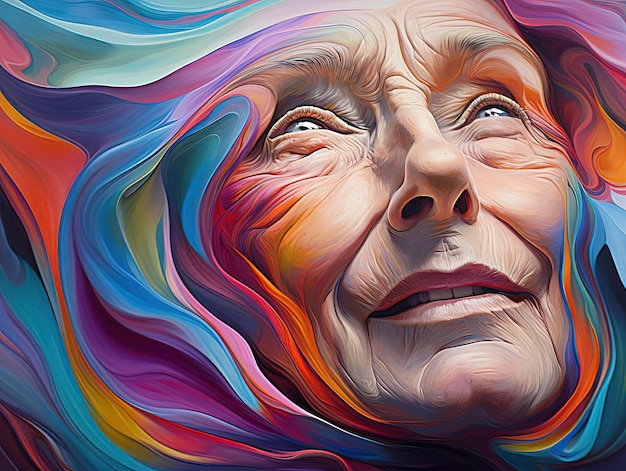 A colorful head painting of the face of an older woman in the style of fluid formations