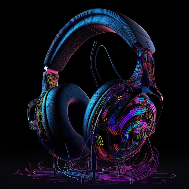 A colorful headphone with a black background and the words " music " on it.
