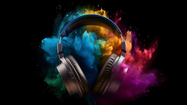 A colorful headphone with a black background and the words music on it.