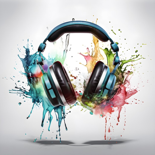 A colorful headphones with a blue and green background.