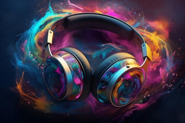 A colorful headphones with a colorful pattern is on a black background