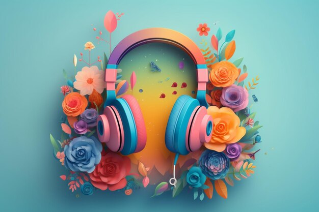 Photo a colorful headphones with flowers on the background