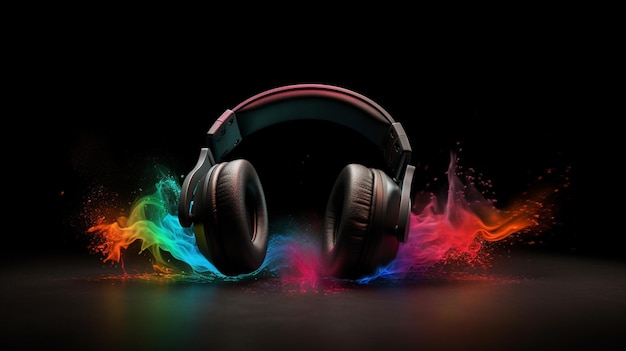 A colorful headphones with the word music on it