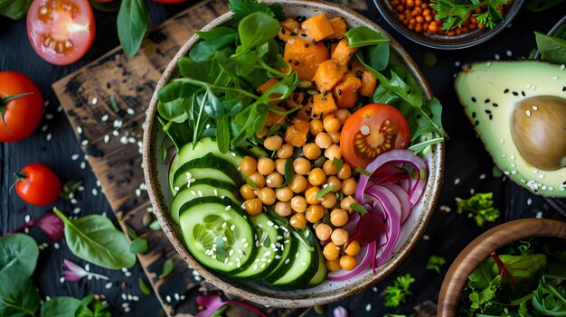 Foto una colorata e sana insalata di ceci in una ciotola