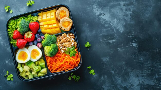 다양한 과일 과 채소 가 들어 있는 다채로운 건강 한 점심 상자