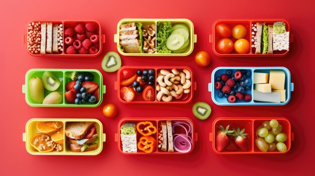 Photo colorful healthy lunchboxes assortment on red background