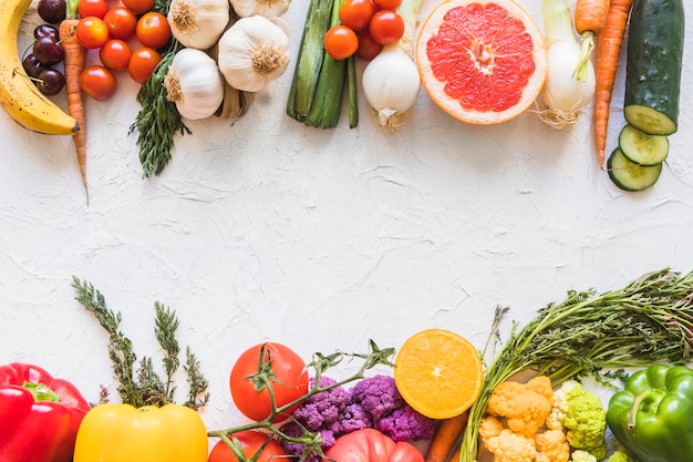 Photo colorful healthy and unhealthy food on white textured background