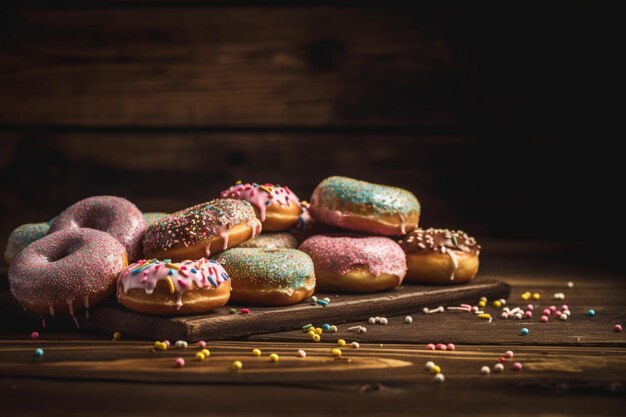 Colorful Heap of Assorted Sprinkled Donuts on Wood Table