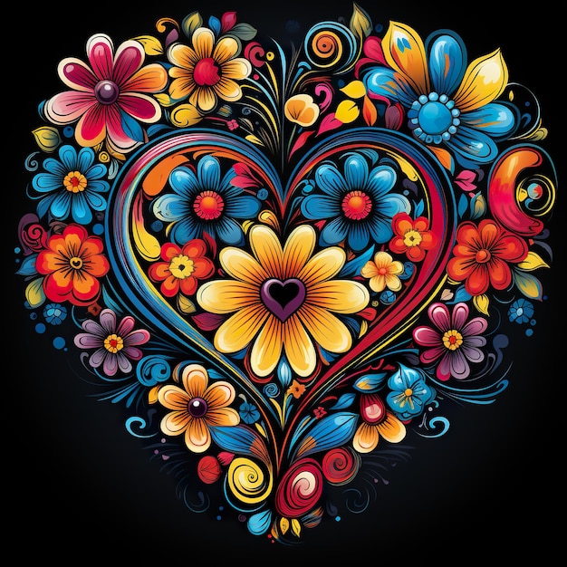 A colorful heart filled with flowers on a black background generative ai image