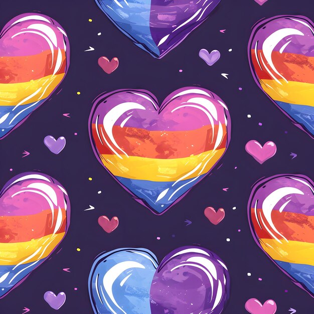 Colorful Heart Illustrations With Pride Rainbow Stripes on a Purple Background