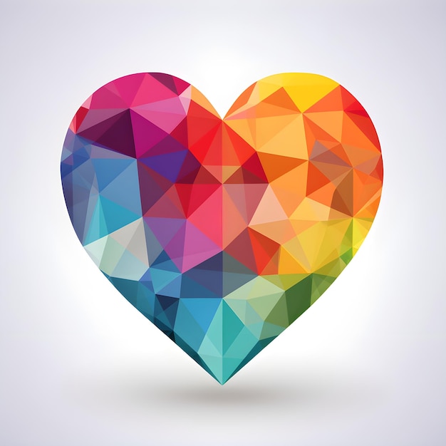 A colorful heart made of triangles is shown in a geometric design.