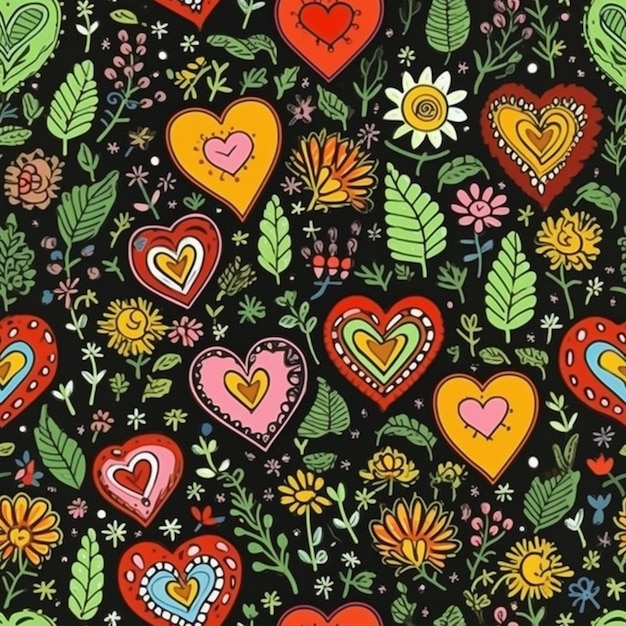 꽃과 사랑이라는 단어가 있는 다채로운 하트 패턴입니다.