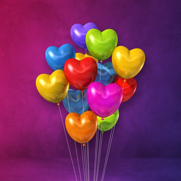 Photo colorful heart shape balloons bunch on a purple wall background. 3d illustration render