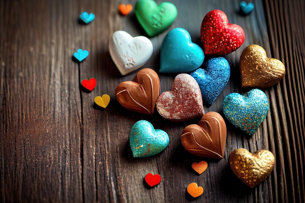 Цветная форма сердца деревянная на деревянном фоне День святого Валентина цветная форма сердца на старом дереве