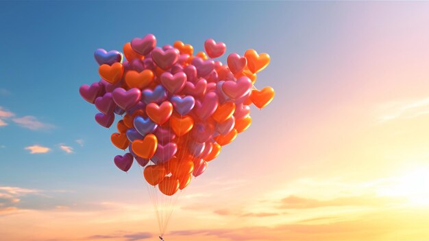 Colorful heart shaped balloons flying in the skygenerative ai