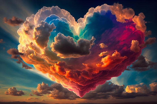 Colorful heart shaped cloud in the sky Generative AI