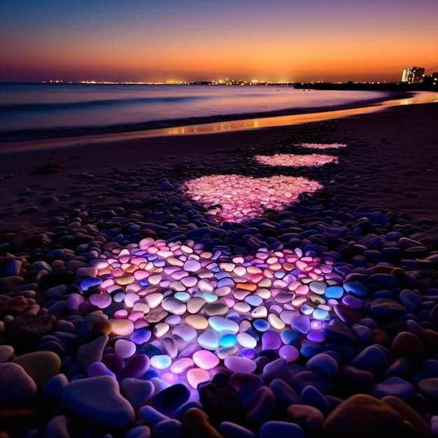 Colorful heart shaped stones on the beach at sunset Romantic background