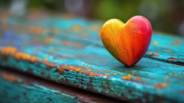 A colorful heart shaped wooden object sitting on a blue painted bench ai