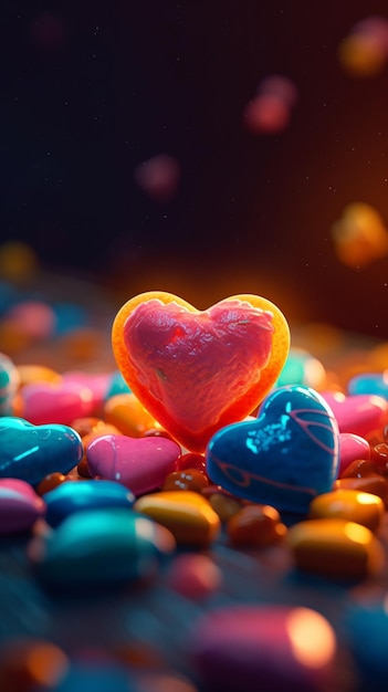 A colorful heart surrounded by colorful pebbles