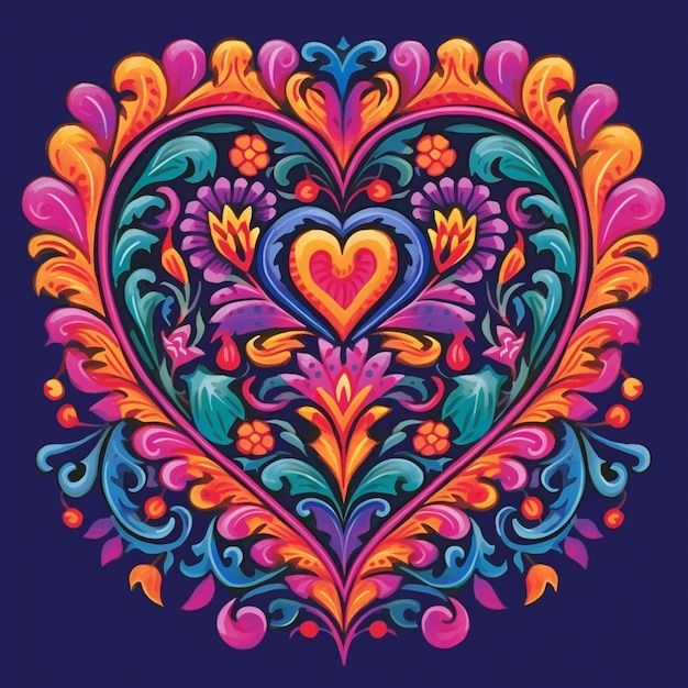 Photo a colorful heart with a floral pattern on a blue background generative ai