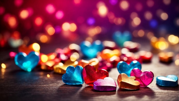 Colorful hearts bokeh background copy space blank Valentine Valentines day