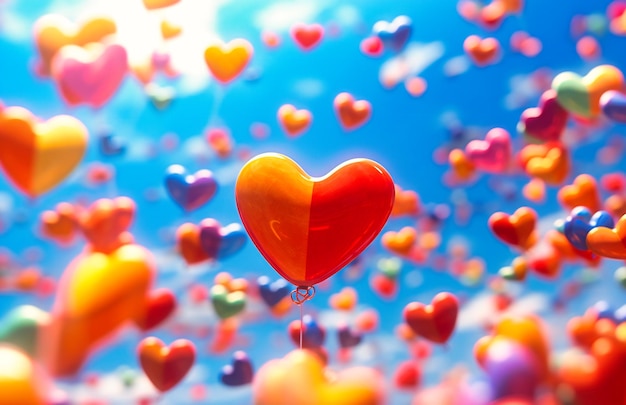 Colorful hearts flying in the sky