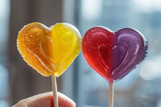 Foto colorati lecca-lecca a forma di cuore tenuti in mano in casa