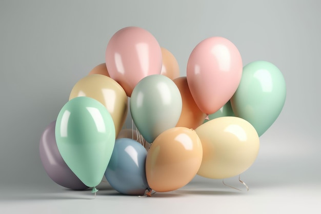 Colorful helium balloons on light pastel background generative ai