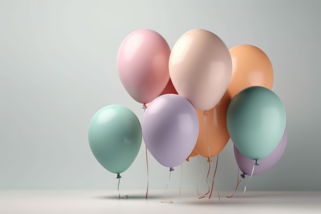 Colorful helium balloons on light pastel background generative ai