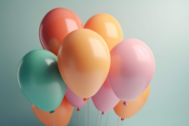 Colorful helium balloons on light pastel background generative ai