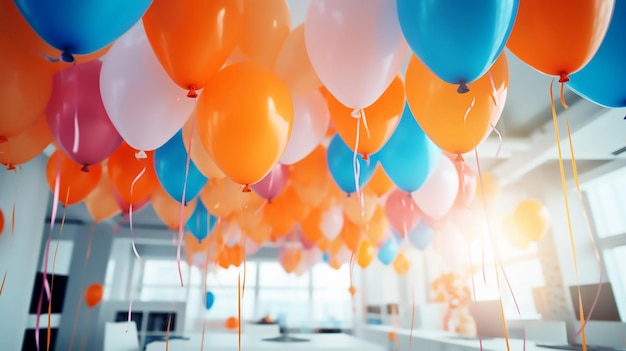 Colorful helium balloons and ribbons in the office