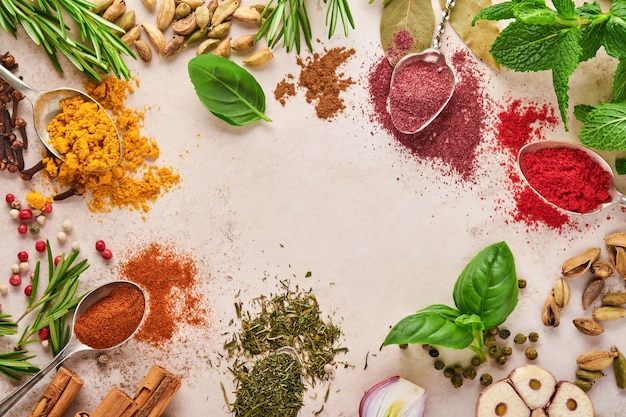 Colorful herbs and spices for cooking: turmeric, dill, paprika, cinnamon, saffron, basil and rosemary in a spoon.  