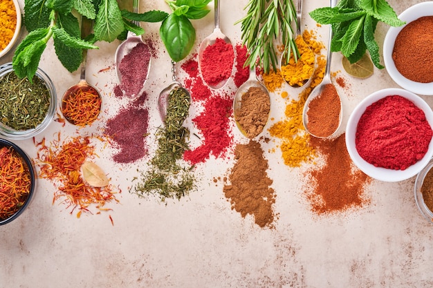 Colorful herbs and spices for cooking: turmeric, dill, paprika, cinnamon, saffron, basil and rosemary in a spoon.  