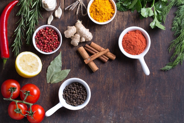 Colorful herbs and spices selection