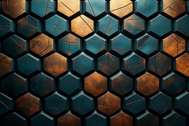 Photo colorful hexagonal 3d shape texture backgroundgold and blue color palette