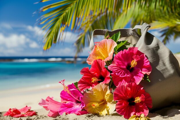 Photo colorful hibiscus blooms spilling out of a tote on a palmshaded shore