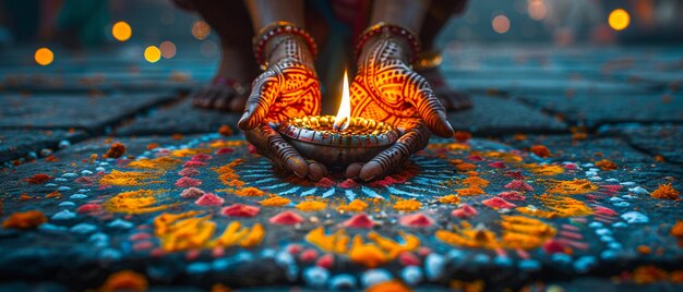 Foto la colorata festa indù del rangoli si confusa con la devozione artistica