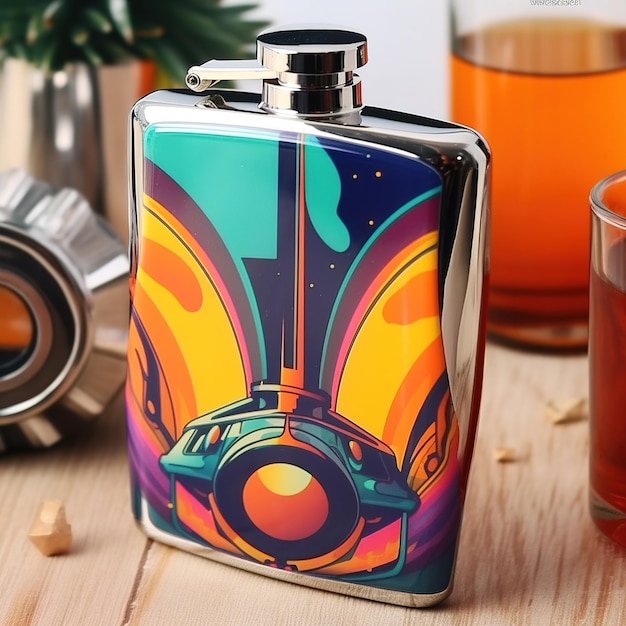 A colorful hip flask with a colorful design on the front