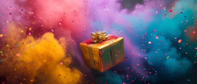 Colorful holi festival gift box in the midst of a festive explosion