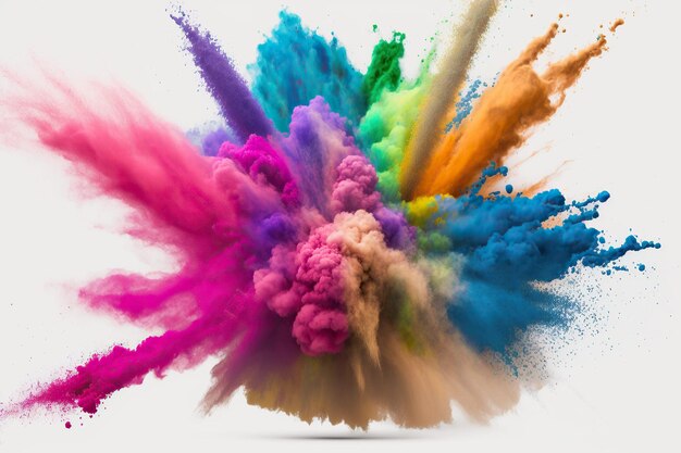 Foto polvere di holi colorata che esplode, isolata su bianco, intelligenza artificiale generativa