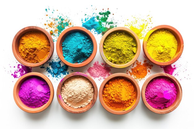 Colorful holi powder in bowls isolated on white background